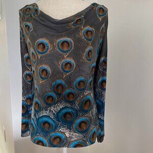 Artex Peacock Cowl Neck Long sleeve Blouse Sz Sm/M​​​​​​​​​